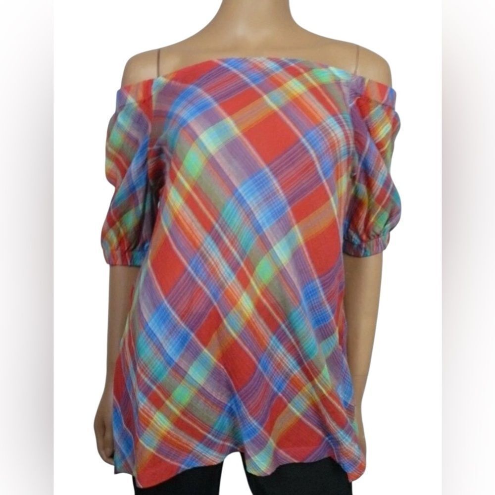 LAUREN Ralph Lauren Plaid Multi Crinkle Cotton Off Shoulder  Top size L